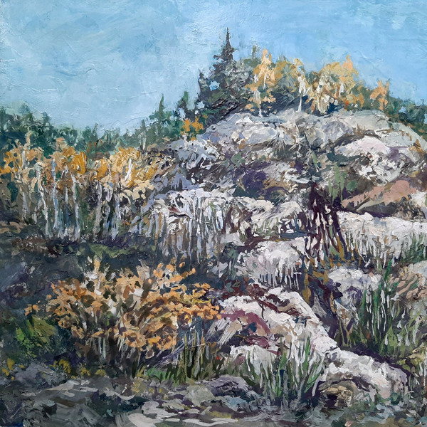 Yellow trees and rock plant. Fragment of a close-up Original Landscape with an expressive texture.