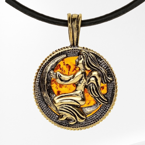 Virgo Zodiac Pendant Necklace Gold Black Brass and Amber Pendant Virgo horoscope jewelry gift for men women.png