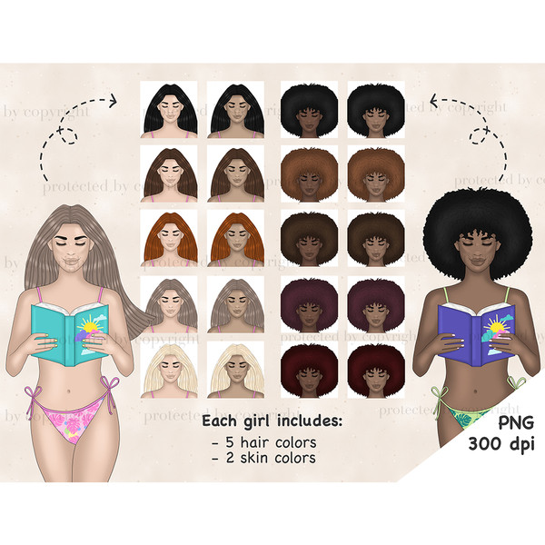 Girls constructor. A white-skinned girl in a pink swimsuit reads a turquoise book with the sun on the cover. Afro girl in a green swimsuit reads a blue book wit