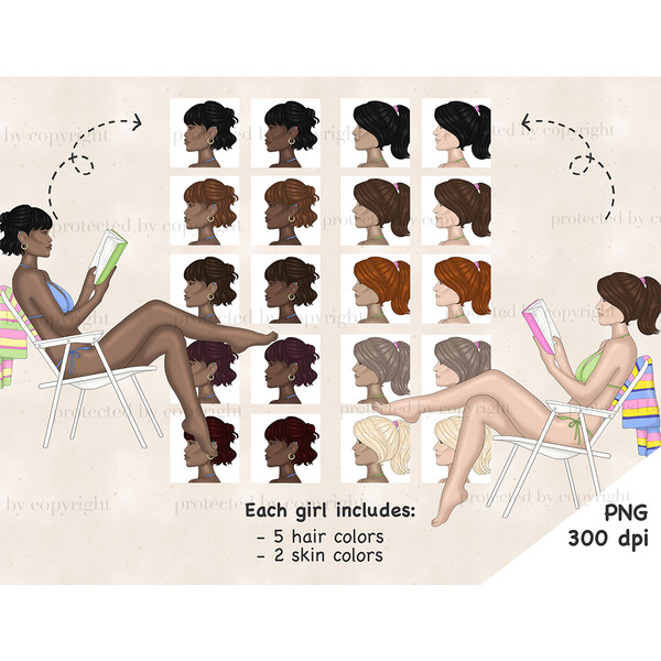 Girls constructor. White-skinned girl in a green swimsuit and reading a pink book. Afro girl in a blue swimsuit reads a green book. The girls sit on white beach