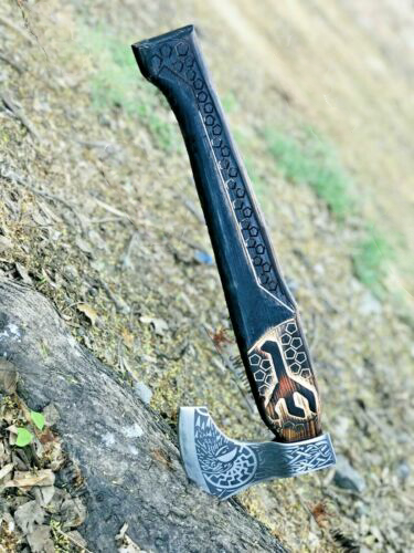 Handcrafted Carbon Steel Viking Axe, ValKnut Viking Axe, Tactical Axe Gift, Carbon Steel Tactical Axe, Viking Axe Gift, Carbon Steel ValKnut Axe, Wood Handle Vi