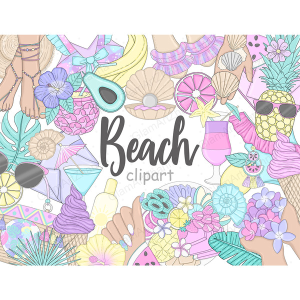 Beach summer pastel clipart. Tropical fruits, cutaway green avocado, yellow pineapple in pink sunglasses, cutaway grapefruit, beige pearl in open shell, plate w