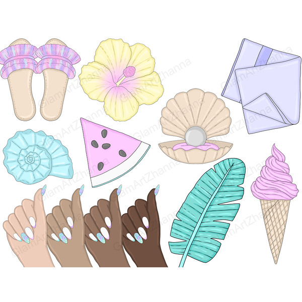 Pastel pink purple Hawaiian flip flops, yellow hibiscus bud, open beige shell with pearl, blue beach towel, palm leaf, purple ice cream in waffle cone, tropical