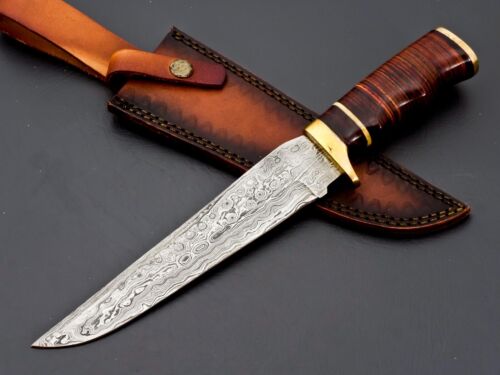 custom handmade damascsu steel bowie hunting knife with leat - Inspire  Uplift