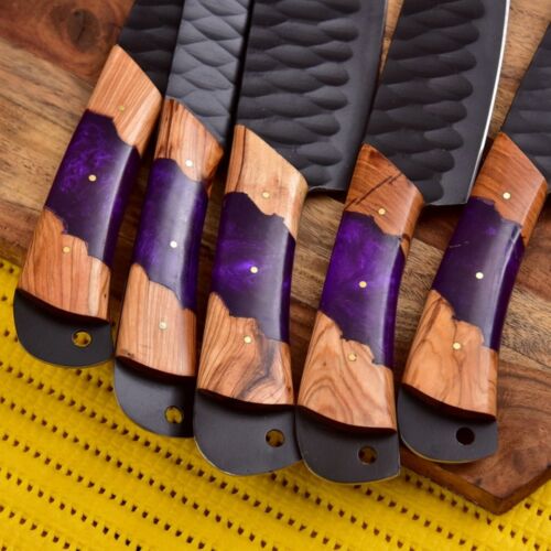 Carbon Steel Chef Knife Set With Rolling Leather Bag Purple