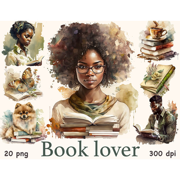 Watercolor portraits. Afro girl with afro hairstyle with a stack of books. Afro girl holding a book in her hands. Afro young man with a beard holds an open book