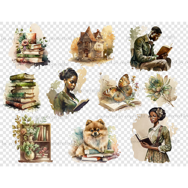 Watercolor portraits. Afro girl holding a book in her hands. Afro girl in glasses and in vintage style holds a book in her hands. Afro young man with bow tie ho