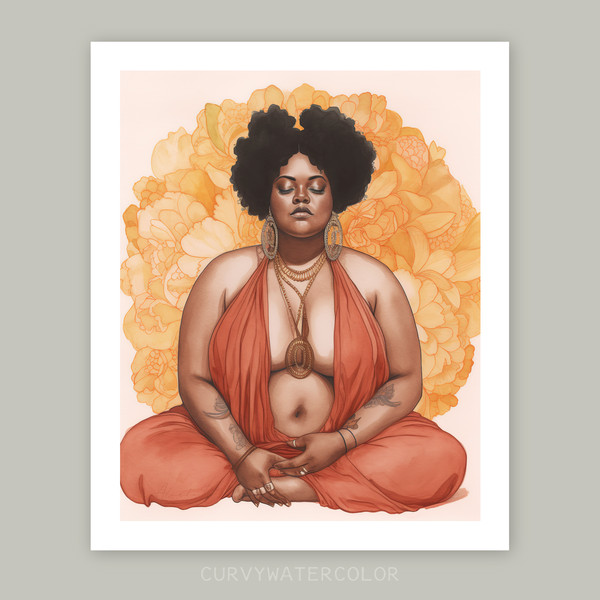 Beautiful black curvy woman meditating, watercolor art, prin