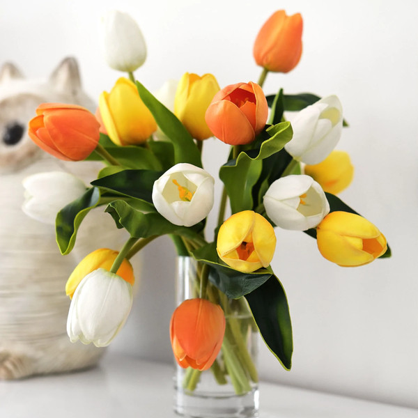 timelessrealtouchtulipflowersbouquetsoftlonglastingorangewhiteandyellow.png