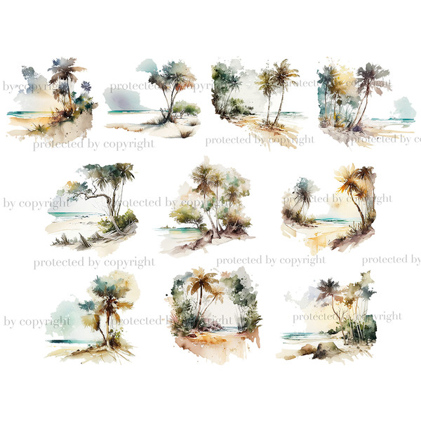 Neutral colors watercolor summer tropical scenery landscapes with palm trees, sandy beaches on the coast sea summer background. Scenes of summer paradise.