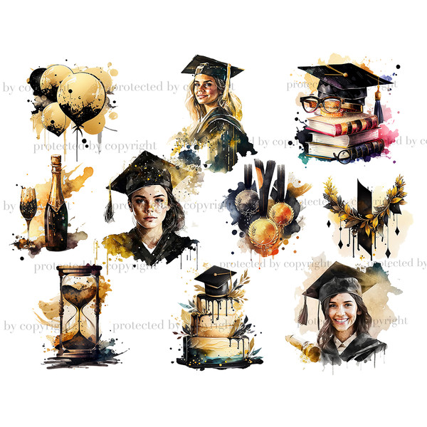 Watercolor Graduation Girls. Black and Gold Watercolor Graduation Balloons. A stack of books with glasses and a Graduation Cap on them. A bottle of champagne wi