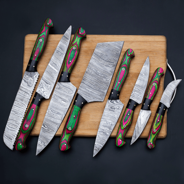 Chef Knife Set Lot Of 7,Hand made Damascus Steel Kitchen knife set,Fixed  Blade knives With Leather Roll kit,(Black Blue Green Wood Handle)