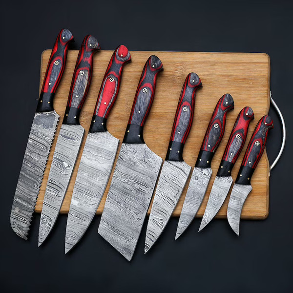 Custom Made Damascus Chef Knife Set With Leather Bag