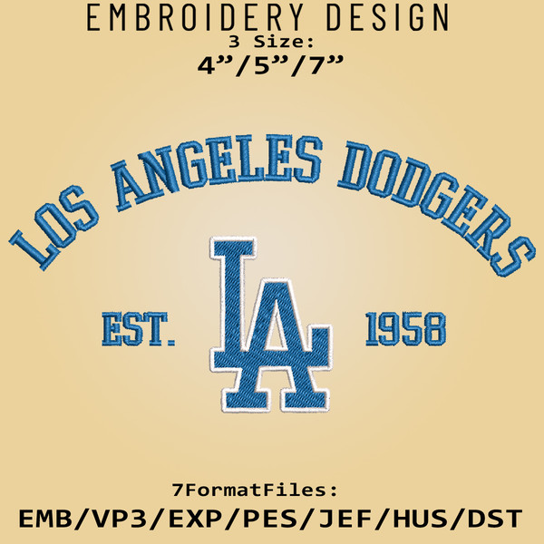 Los Angeles Dodgers Embroidery design, Dodgers logo Embroidery Files,  Dodgers Embroidery machine