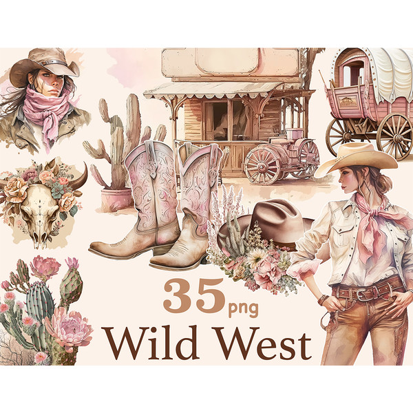 Watercolor clipart cowboy girl in the wild west. Cowboy girl in a hat, floral bull skull with flowers, cowboy boots, wild west tavern shop, blooming cacti with