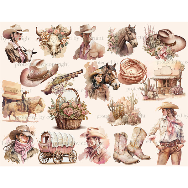 Watercolor cowboy girls in the wild west, cowboy men, wild west horses, cowboy hats, cowboy sawn-off with hilt patterns, flower basket, wild cacti, tavern, wood