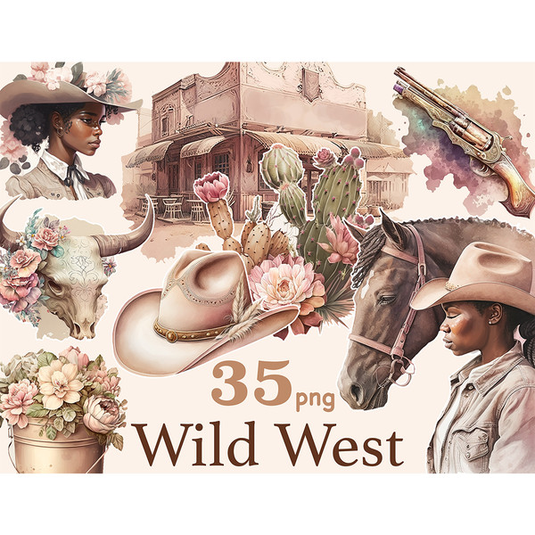 Watercolor clipart african american cowboy girls in the wild west. Cowboy girl in a hat with flowers, floral bull skull with flowers, wild west tavern, vintage