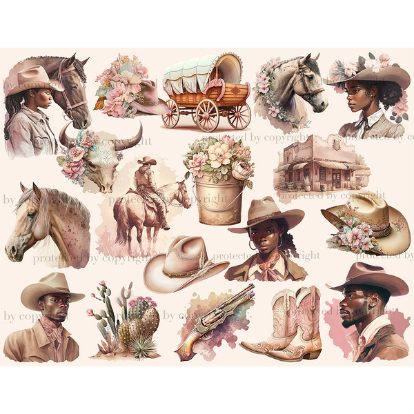 Watercolor clipart African American girls and cowboy men in the wild west. Floral bull skull with flowers, wild west tavern, vintage cowboy cut, wild flowering