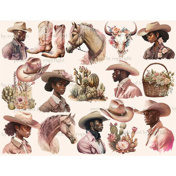 Watercolor clipart African American girls and cowboy men in the wild west. Floral bull skull with flowers, wild west tavern, wild flowering cacti, cowboy on hor
