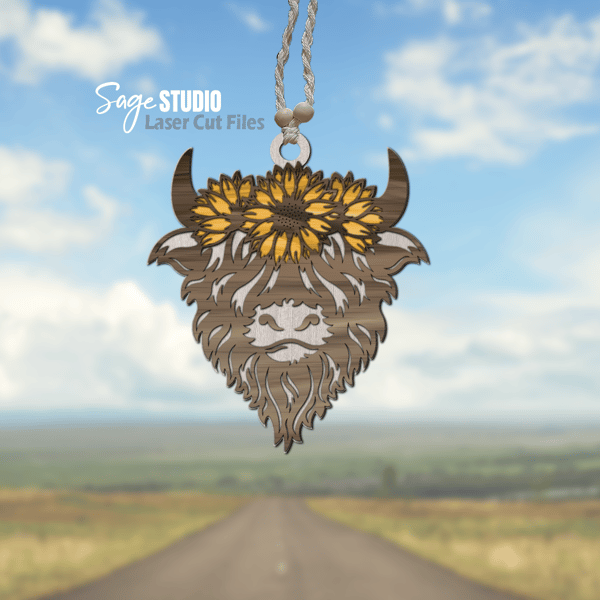 Sunflower Highland Cow Car Charm SVG Laser Cut Files Sunflower SVG Cow Head SVG Glowforge Files SS.png
