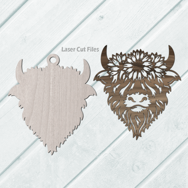 Sunflower Highland Cow Car Charm SVG Laser Cut Files Sunflower SVG Cow Head SVG Glowforge Files 1.png