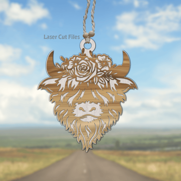 Rose Highland Cow Car Charm SVG Laser Cut Files Rose SVG Cow Head SVG Glowforge Files DXF.png