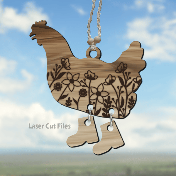 Chicken In Boots Car Charm SVG Laser Cut Files Chicken SVG Floral Chicken SVG Glowforge Files DXF.png