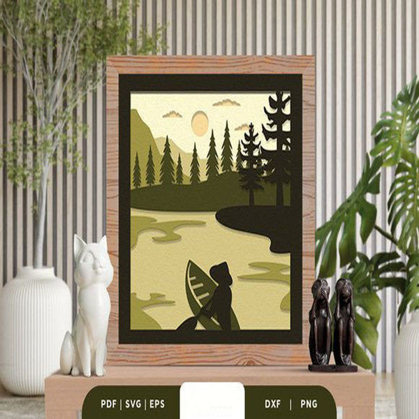 Fishing in the Lake 3D Shadow Box, Shadow Box Template, Pape