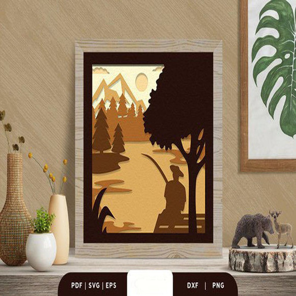 Fishing 3D Shadow Box Layered Paper Cut, Shadow Box Template