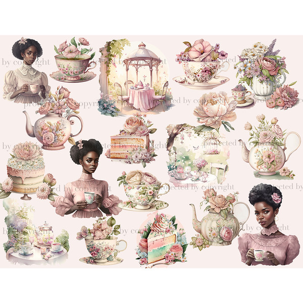 Watercolor clipart tea party. African American girls in Victorian dresses holding cups of tea. Teapots with flowers, cakes, a tea table with a rotunda in the ga