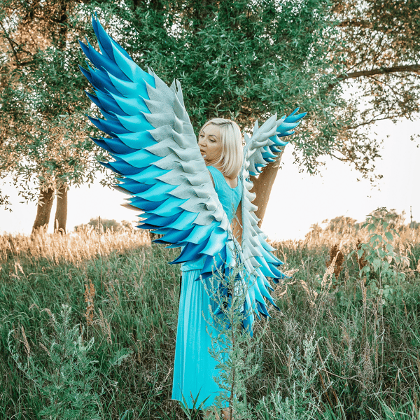 Large vertical wearable wings costume blue and silver flexible wings.jpg