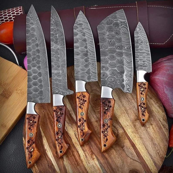 full tang kitchen knives set with leather kit roll bag