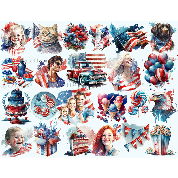 Watercolor patriotic clipart for 4th of July celebration. Portraits of a family, children, girls, a man, an eagle, a cat, a dog against the background of the Am