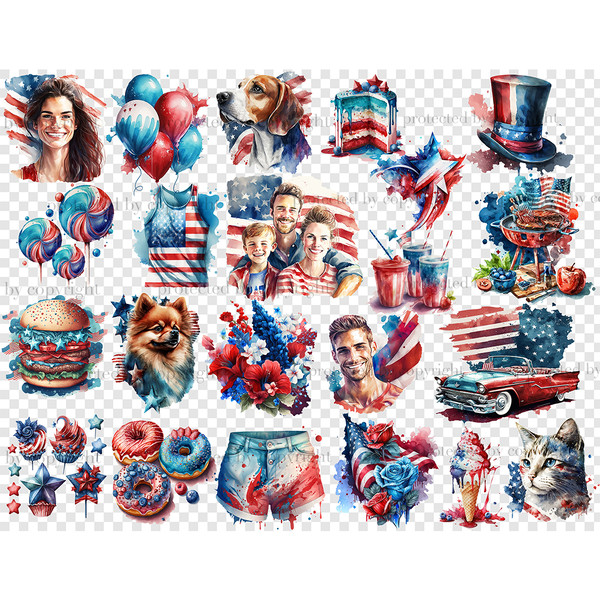 Watercolor patriotic clipart for 4th of July celebration. Portraits of a family, a girl, a man, cats and dogs on the background of the American flag, flowers, b