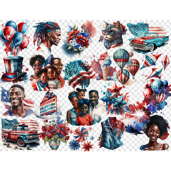 Watercolor patriotic clipart for 4th of July celebration. Portraits of African-American families with children, girls, barbecue and picnic scenes in the backyar
