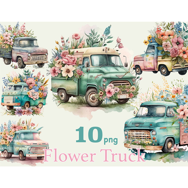 Watercolor clipart retro floral of romantic trucks with flowers in their trunks. Green truck, pink-blue-yellow truck, turquoise truck. Farmhouse truck with flow