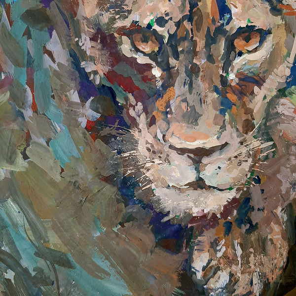 Textural strokes that emphasize the volume and texture of Lioness's muzzle.