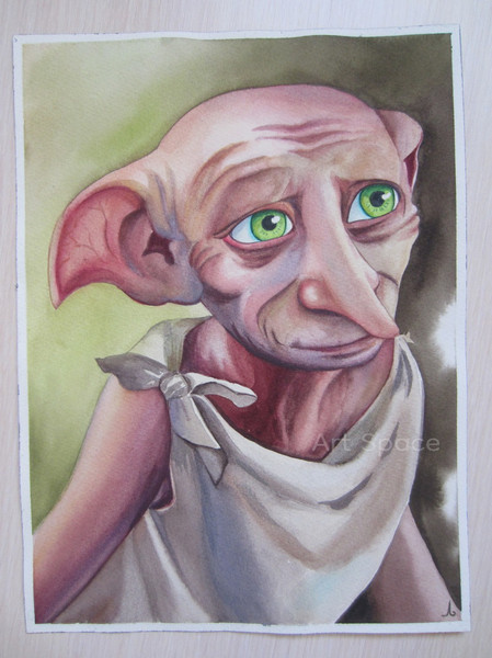 Dobby-Free Elf-Home Elf-Movie-Harry Potter-Green Painting-Big Eyes-Watercolor Painting-3.JPG