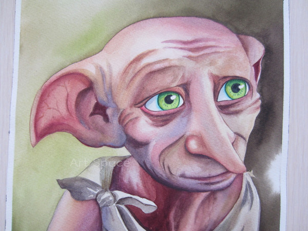 Dobby-Free Elf-Home Elf-Movie-Harry Potter-Green Painting-Big Eyes-Watercolor Painting-6.JPG