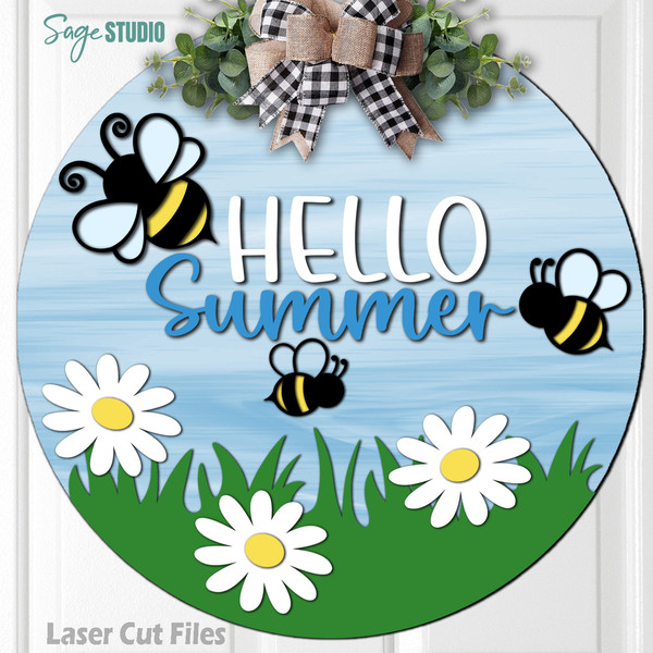 Hello Summer Door Hanger SVG Laser Cut Files Bee SVG Daisy SVG Welcome Sign SVG Glowforge Files SS.png