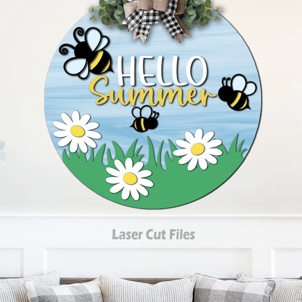 Hello Summer Door Hanger SVG Laser Cut Files Bee SVG Daisy SVG Welcome Sign SVG Glowforge Files 3.png