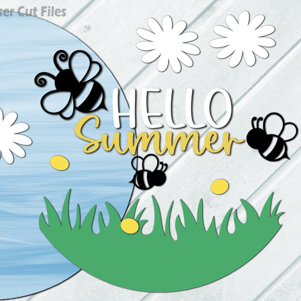 Hello Summer Door Hanger SVG Laser Cut Files Bee SVG Daisy SVG Welcome Sign SVG Glowforge Files 4.png