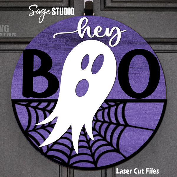 Hey Boo SVG Laser Cut Files Halloween Round Sign Ghost SVG Boo Door Sign SVG Spider Web SVG Glowforge Files SS.png