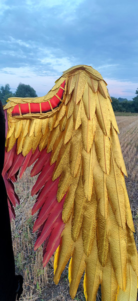 Hawkman wings costume, golden angel wings, wearable gold wings, gold cosplay wings, red and gold wings, articulating wings, black crow wings, large golden wings