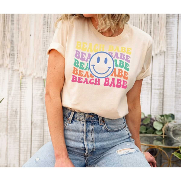 Babe Groovy Uplift Beach Inspire - T-Sh Summer Face Retro Shirt,Smiley Shirt,