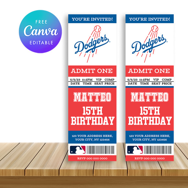 Editable Los Angeles Dodgers Birthday Ticket Party Invitations