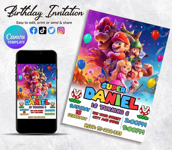 Mario Bros Invitation - Mario Bros Birthday Invitation- Mario Bros Party -  Super Mario Invitation - Mario and Luigi invitation. DIGITAL FILE