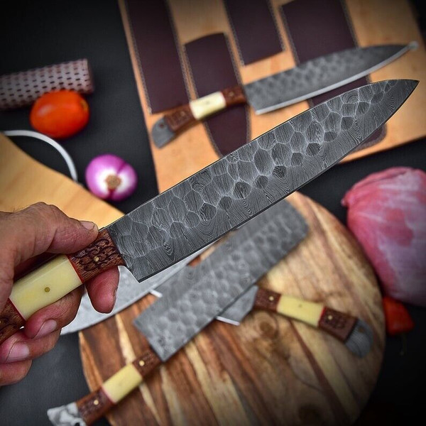 Hand Forged Custom Made Damascus Steel Kitchen Knife 5-Pcs Set FBK-1024  (Orange)