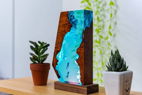 Jellyfish and Diver Epoxy Resin Wood Night light- Ocean Art - Inspire Uplift