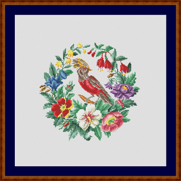 Vintage cross stitch pattern Bird in flowers